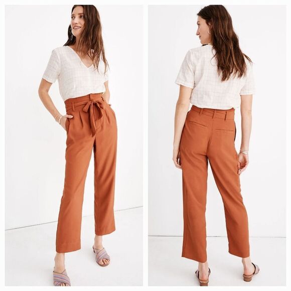 🔸️Madewell Rust Linen Blend Belted Paperbag Pants Size 4 - Picture 1 of 16